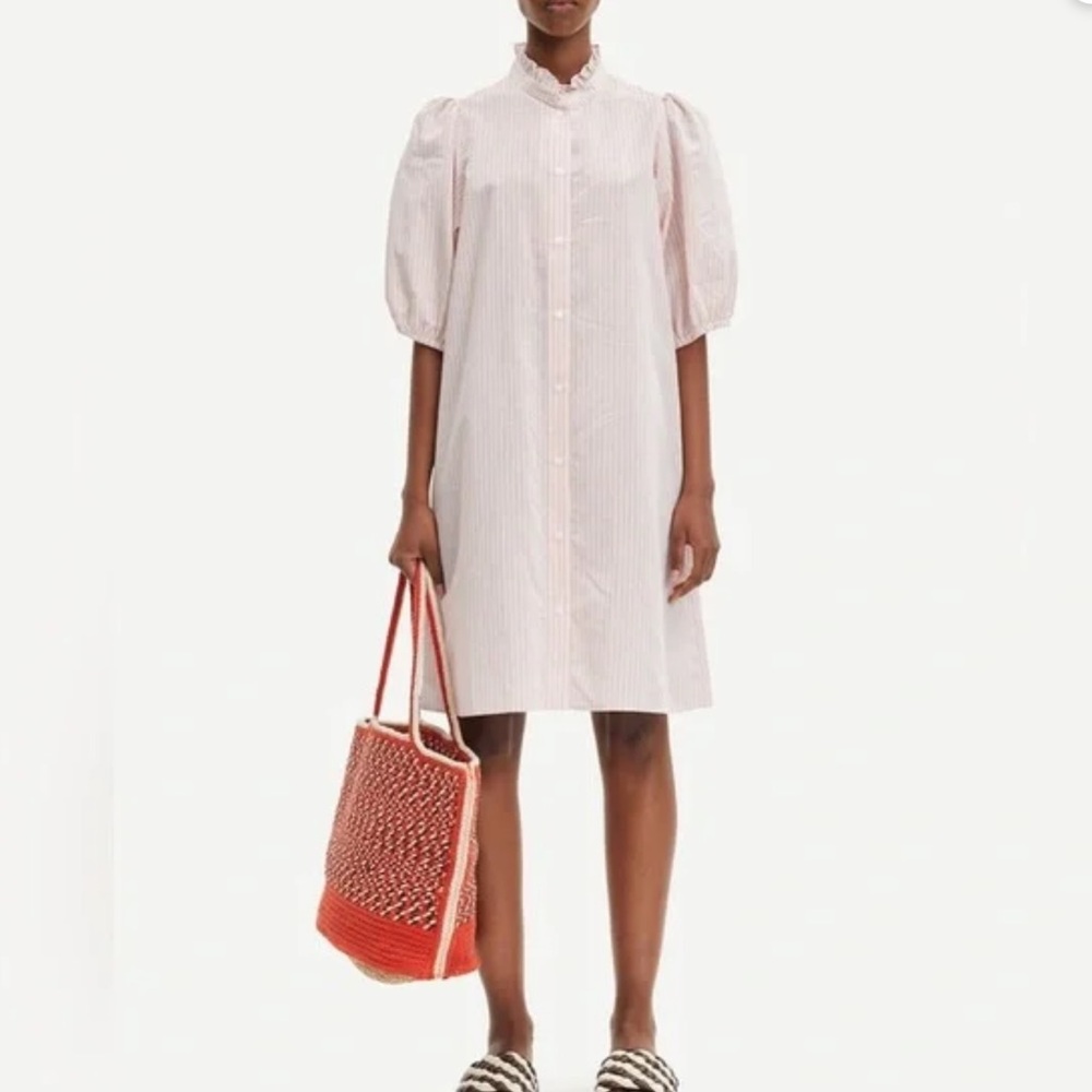 Samsøe Samsøe Suzia Stripe Ruffle Collar Shirtdress in Pumpkin Stripe